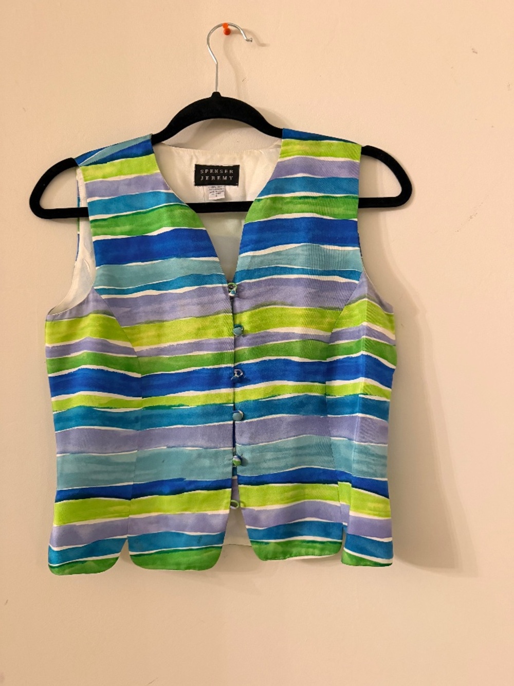 Spenser Jeremy 100% Silk Watercolor Stripe Vest Top Size S Blue Green Sleeveless